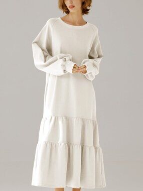 NAP Loungewear Cream Long Sleeve Cotton Tiered Sweatshirt Dress in Women's Large